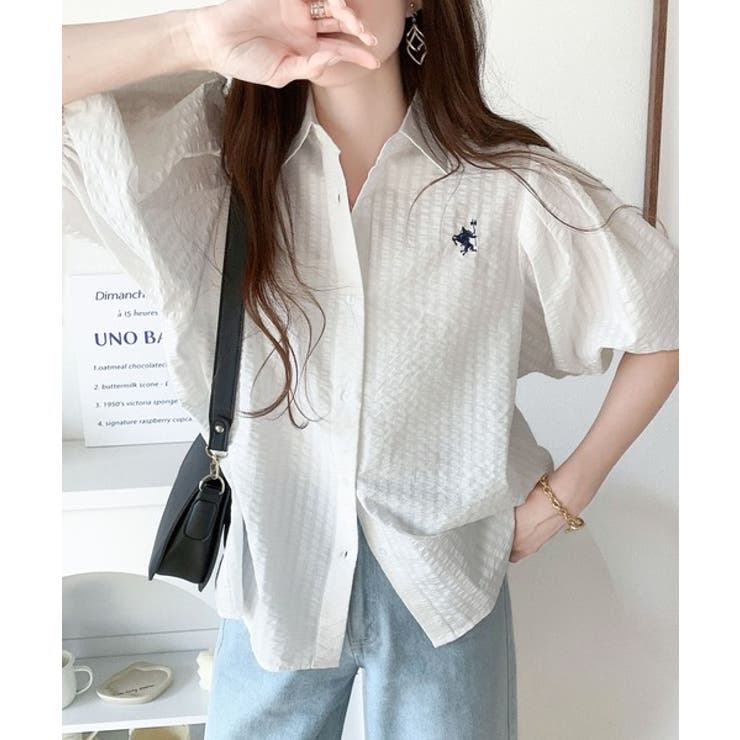 爽やかふんわりテイスト。タック入りボリュームスリーブ胸刺繍サッカーシャツ | Classical Elf  | 詳細画像7 