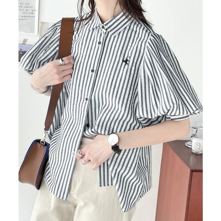 爽やかふんわりテイスト。タック入りボリュームスリーブ胸刺繍サッカーシャツ | Classical Elf  | 詳細画像12 