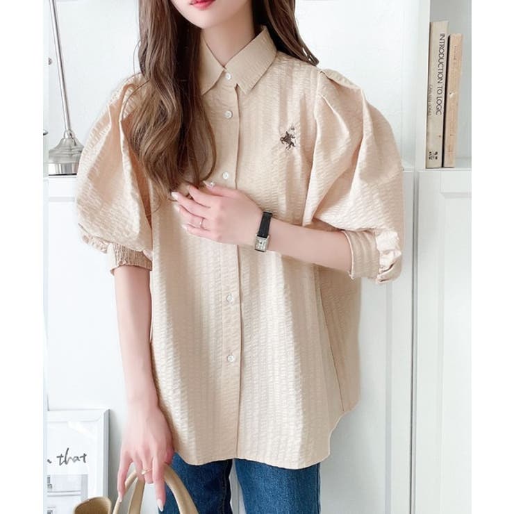 爽やかふんわりテイスト。タック入りボリュームスリーブ胸刺繍サッカーシャツ | Classical Elf  | 詳細画像19 