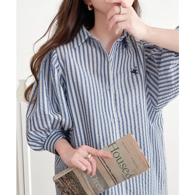 爽やかふんわりテイスト。タック入りボリュームスリーブ胸刺繍サッカーシャツ | Classical Elf  | 詳細画像4 