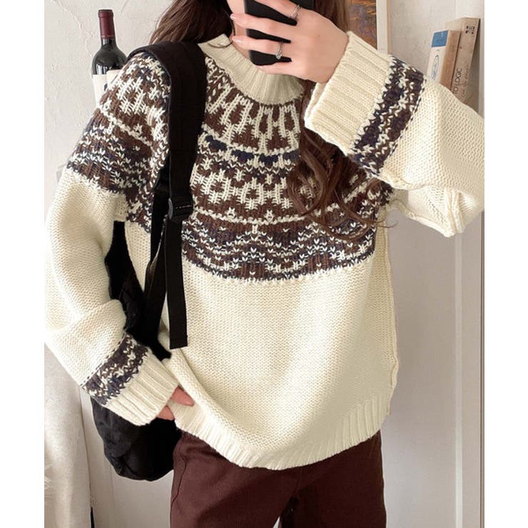 春先取りの レトロ感が可愛い！ノルディック求心柄ニットセーター（長袖 トップス