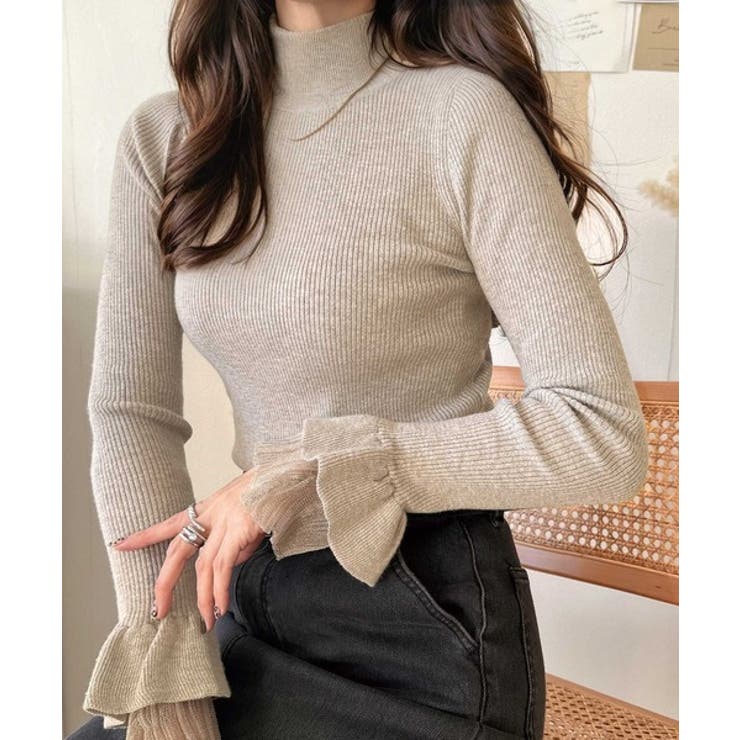 大人フェミニンなシアー素材。袖フレアチュール重ねリブニット(長袖