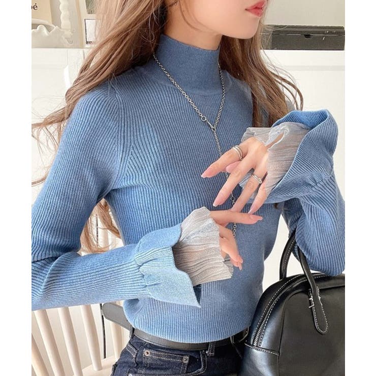 大人フェミニンなシアー素材。袖フレアチュール重ねリブニット(長袖