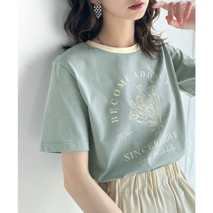 グリーン×アイボリー | トレンドのディテールが魅力。シルケットフラワーカーブロゴリンガー半袖Tシャツ | Classical Elf 