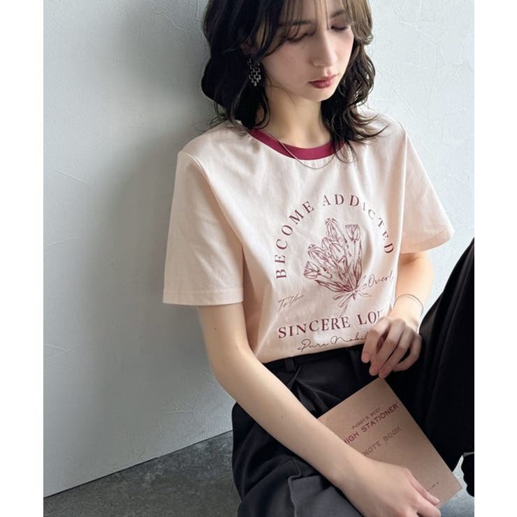 ピンク×エンジ | トレンドのディテールが魅力。シルケットフラワーカーブロゴリンガー半袖Tシャツ | Classical Elf 