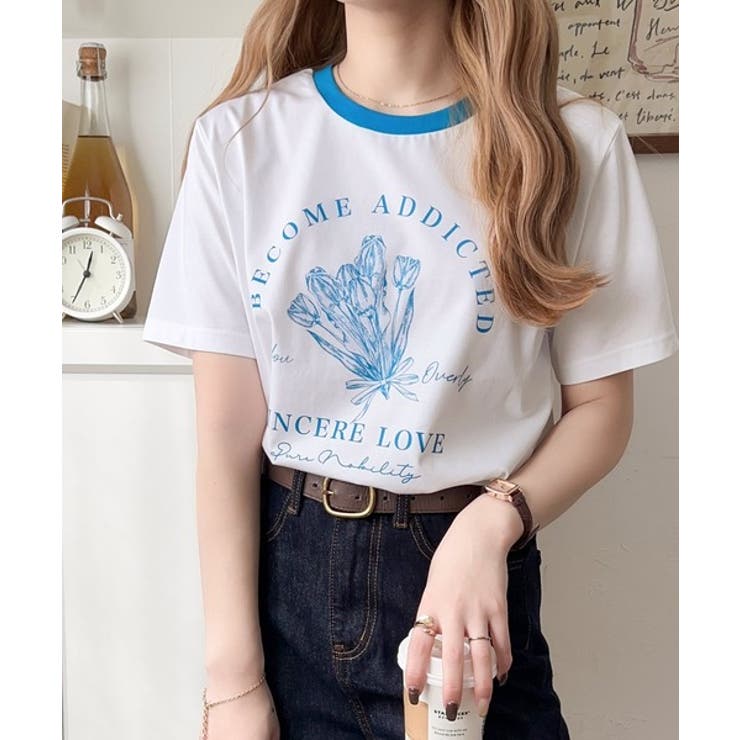 トレンドのディテールが魅力。シルケットフラワーカーブロゴリンガー半袖Tシャツ | Classical Elf  | 詳細画像1 