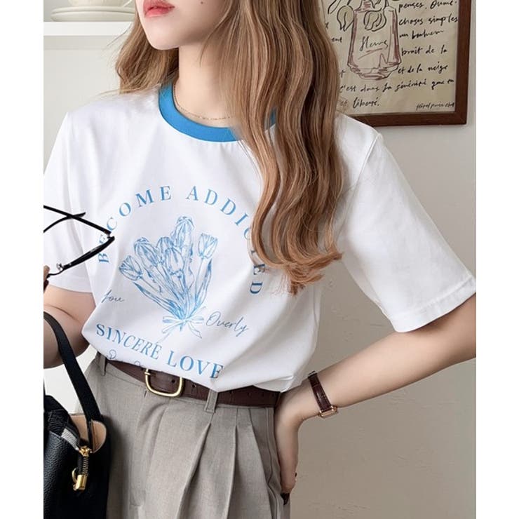 トレンドのディテールが魅力。シルケットフラワーカーブロゴリンガー半袖Tシャツ | Classical Elf  | 詳細画像2 