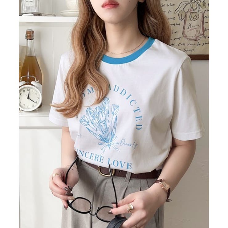 トレンドのディテールが魅力。シルケットフラワーカーブロゴリンガー半袖Tシャツ | Classical Elf  | 詳細画像3 