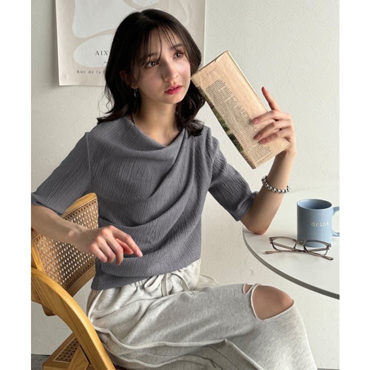 トップス 7分袖 アシンメトリー スリム 細身 ドレープ ラップ フェミニン かわいい 大人可愛い きれいめ シンプル 上品 おしゃれ こなれ感 個性的 クール Dark Angel アンバランスドレープカットソー ドレープデザイン
