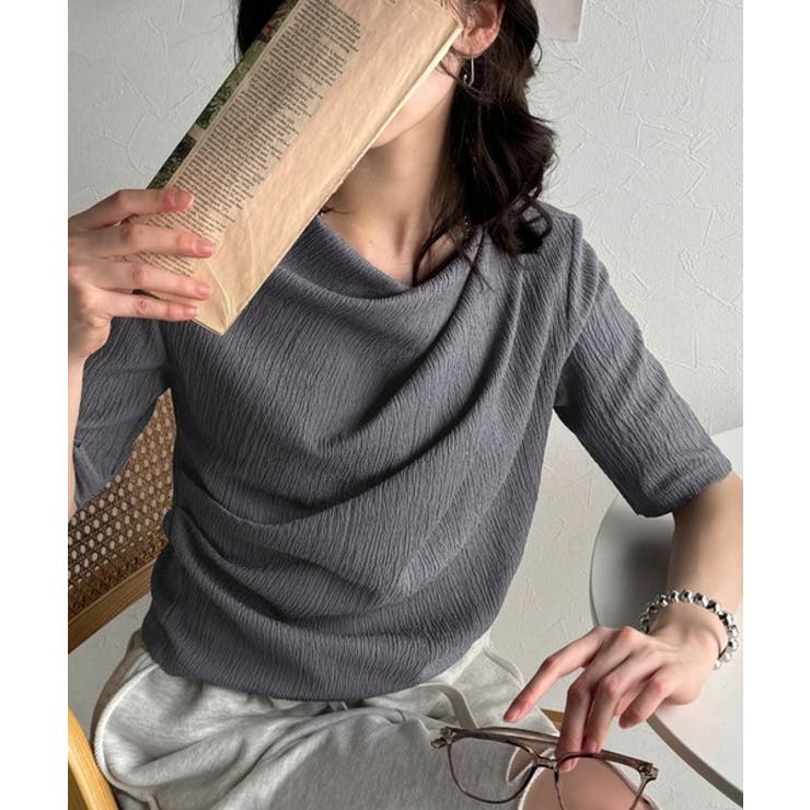 チャコール | 女性らしさ格上げ。ハーフスリーブアシメドレープカットソー | Classical Elf 