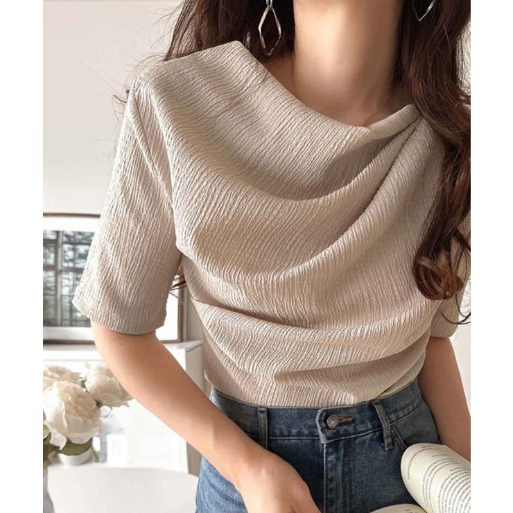 グレージュ | 女性らしさ格上げ。ハーフスリーブアシメドレープカットソー | Classical Elf 