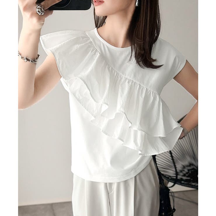 一枚で着映える♪異素材ドッキングアシメトリーラッフルデザインフレンチスリーブカッ… | Classical Elf  | 詳細画像8 