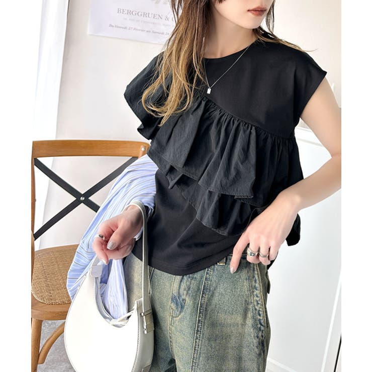 一枚で着映える♪異素材ドッキングアシメトリーラッフルデザインフレンチスリーブカッ… | Classical Elf  | 詳細画像12 