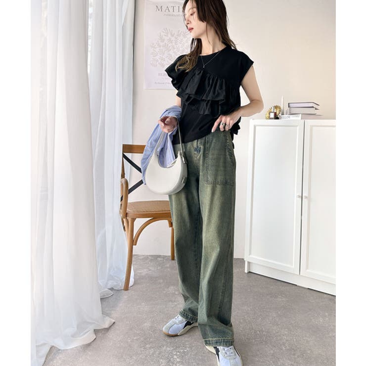 一枚で着映える♪異素材ドッキングアシメトリーラッフルデザインフレンチスリーブカッ… | Classical Elf  | 詳細画像13 