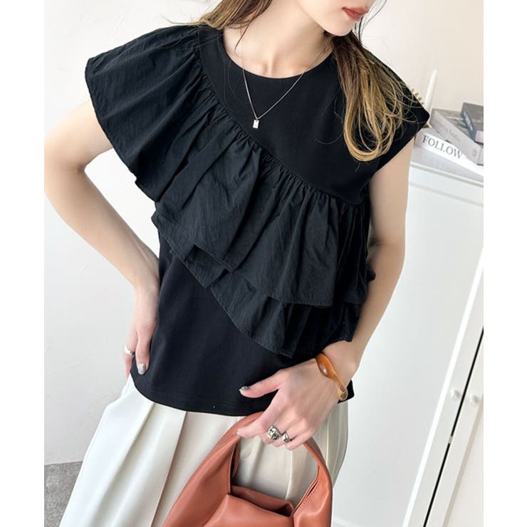 一枚で着映える♪異素材ドッキングアシメトリーラッフルデザインフレンチスリーブカッ… | Classical Elf  | 詳細画像14 