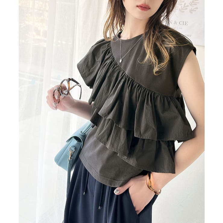 一枚で着映える♪異素材ドッキングアシメトリーラッフルデザインフレンチスリーブカッ… | Classical Elf  | 詳細画像18 