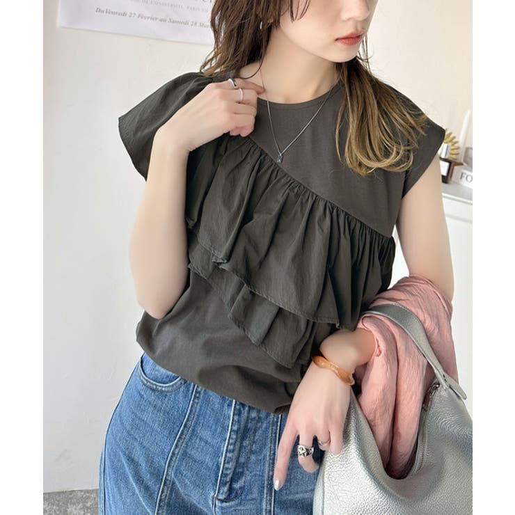 一枚で着映える♪異素材ドッキングアシメトリーラッフルデザインフレンチスリーブカッ… | Classical Elf  | 詳細画像19 