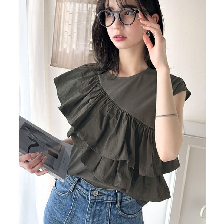 一枚で着映える♪異素材ドッキングアシメトリーラッフルデザインフレンチスリーブカッ… | Classical Elf  | 詳細画像24 