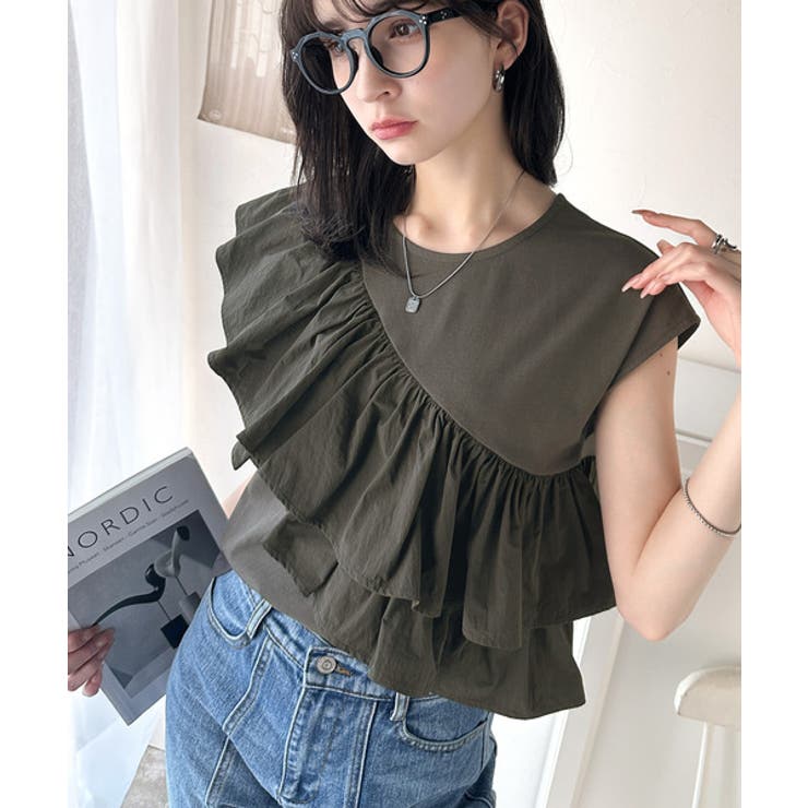 チャコール | 一枚で着映える♪異素材ドッキングアシメトリーラッフルデザインフレンチスリーブカッ… | Classical Elf 