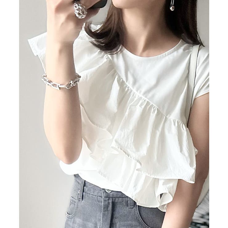 一枚で着映える♪異素材ドッキングアシメトリーラッフルデザインフレンチスリーブカッ… | Classical Elf  | 詳細画像2 