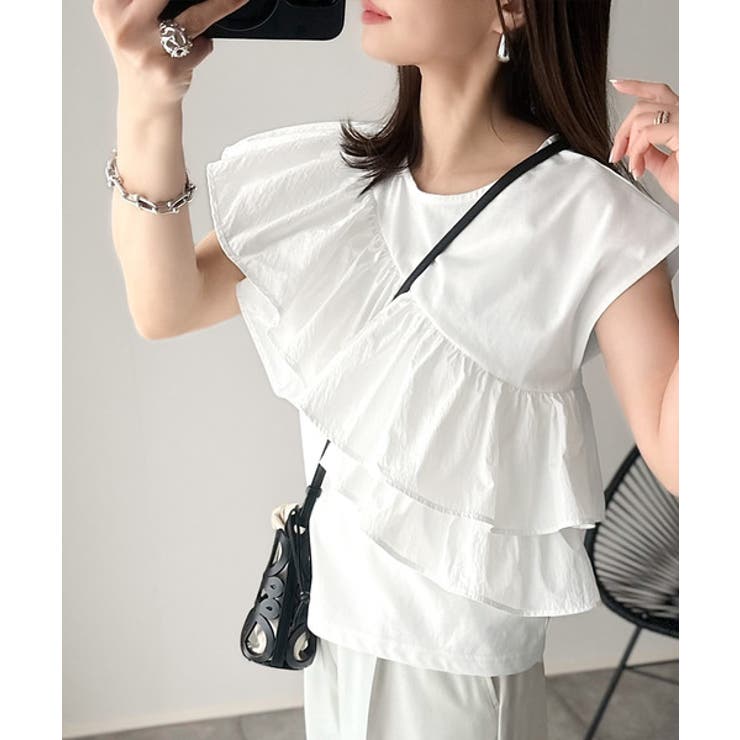 一枚で着映える♪異素材ドッキングアシメトリーラッフルデザインフレンチスリーブカッ… | Classical Elf  | 詳細画像5 