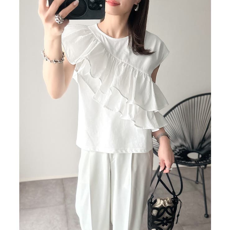 一枚で着映える♪異素材ドッキングアシメトリーラッフルデザインフレンチスリーブカッ… | Classical Elf  | 詳細画像6 