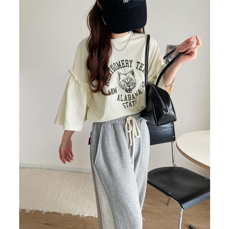 レディなヴィンテージスタイル。綿100％カレッジピグメント袖フリルTシャツ | Classical Elf  | 詳細画像7 