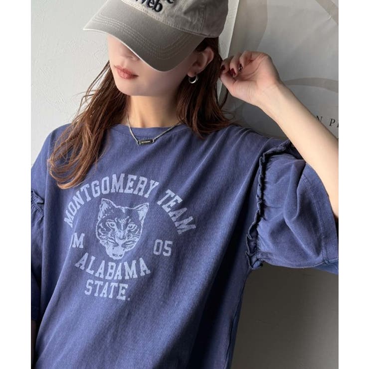 lija リージャM フリル袖 Tシャツ レディなヴィンテージスタイル。綿100％カレッジピグメント袖