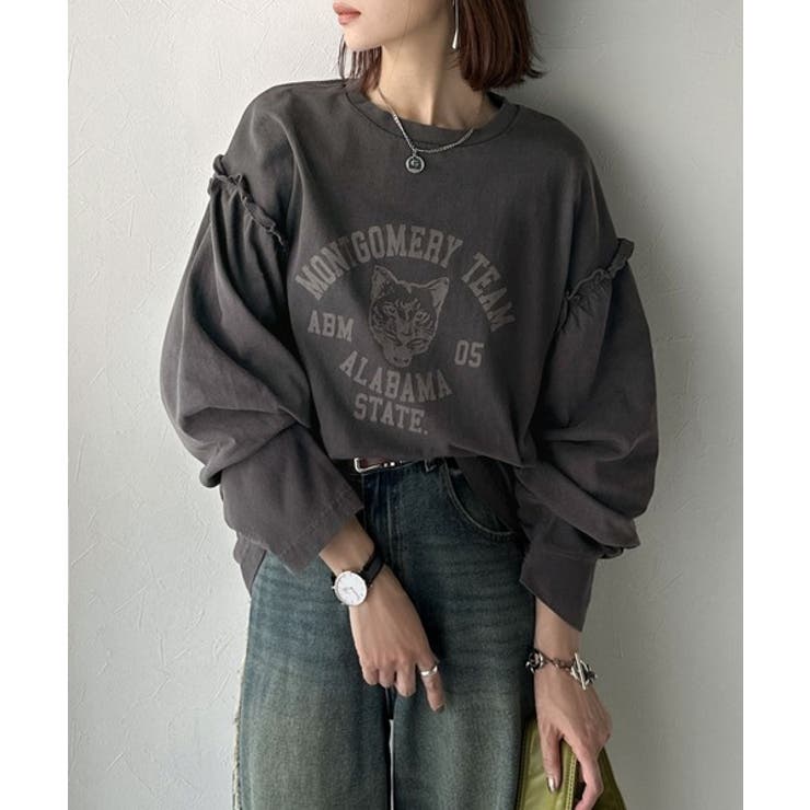 レディなヴィンテージスタイル。綿100％カレッジピグメント袖フリルTシャツ | Classical Elf  | 詳細画像2 