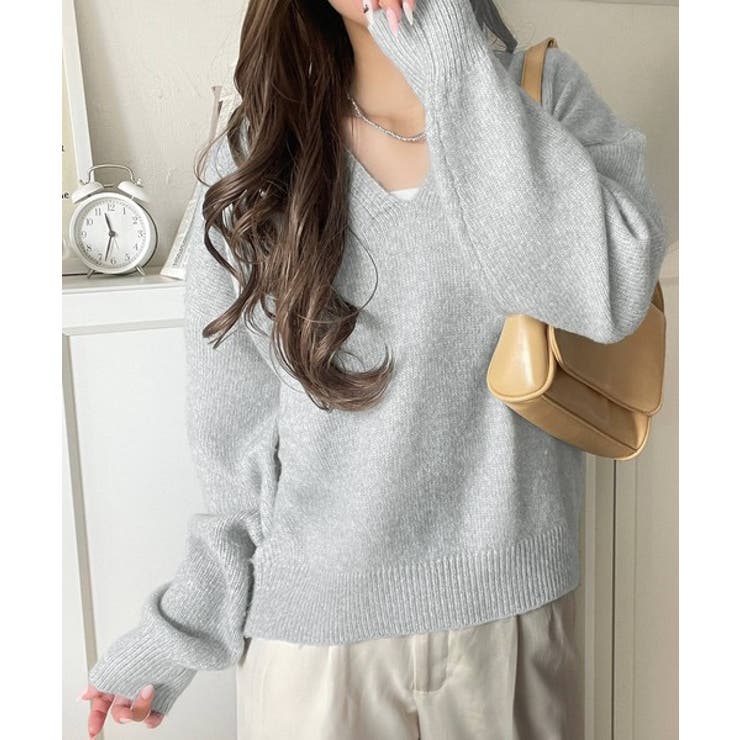 ブルーグレー | ふわっと軽やか◎メランジ調Vネックニットプルオーバー（長袖） | Classical Elf 