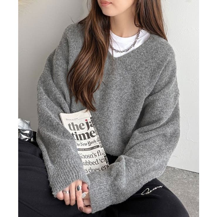 チャコール | ふわっと軽やか◎メランジ調Vネックニットプルオーバー（長袖） | Classical Elf 