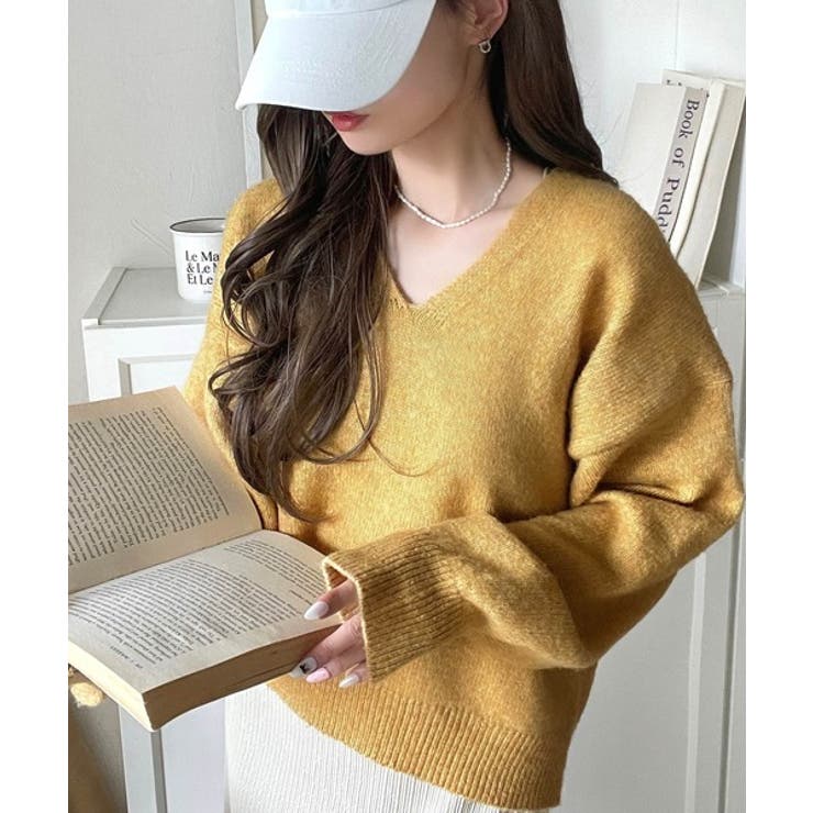 イエロー | ふわっと軽やか◎メランジ調Vネックニットプルオーバー（長袖） | Classical Elf 