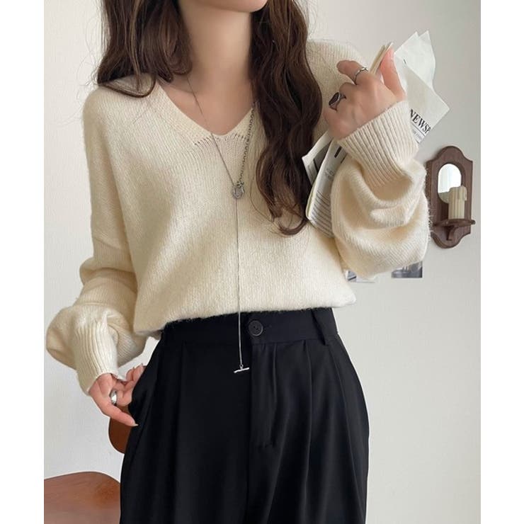 ふわっと軽やか◎メランジ調Vネックニットプルオーバー（長袖） | Classical Elf  | 詳細画像1 