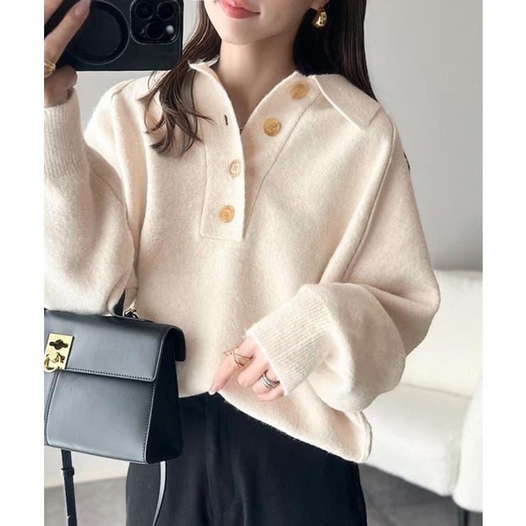 アイボリー | ふんわり＆もっちりな肌ざわり。襟付きラグランスリーブニットプルオーバー（長袖） | Classical Elf 