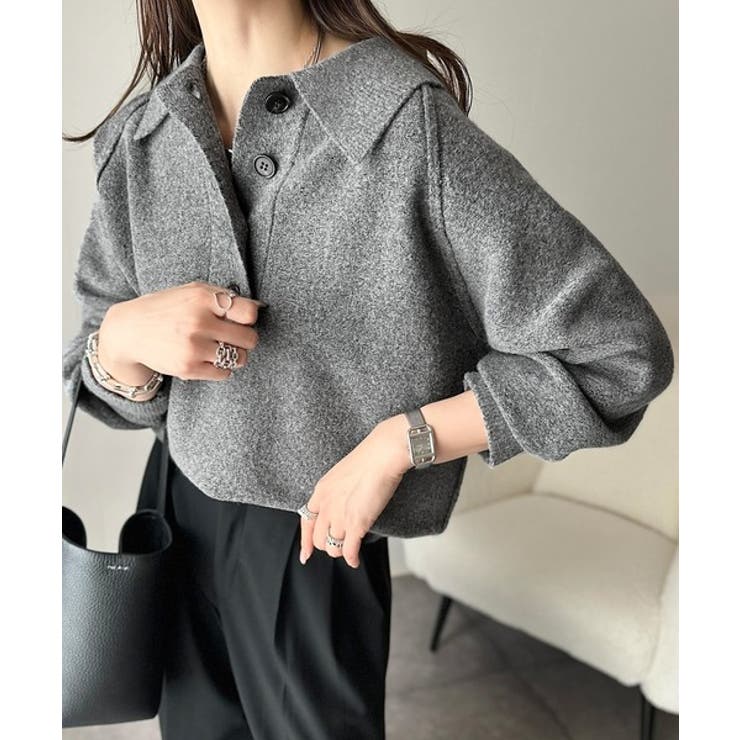 チャコール | ふんわり＆もっちりな肌ざわり。襟付きラグランスリーブニットプルオーバー（長袖） | Classical Elf 