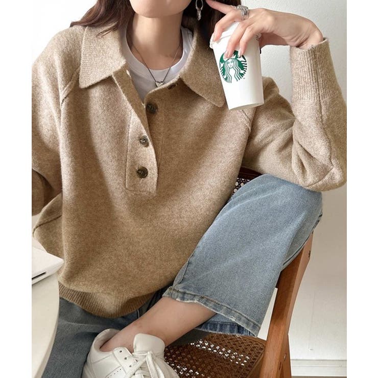 モカ | ふんわり＆もっちりな肌ざわり。襟付きラグランスリーブニットプルオーバー（長袖） | Classical Elf 