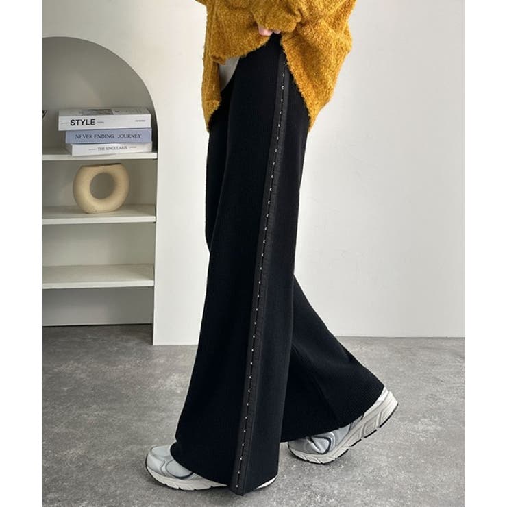 ブラック | 個性と美シルエットの共演。サイドホックデザインリブニットパンツ | Classical Elf 