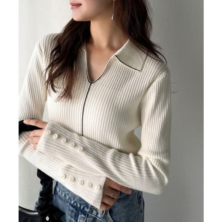 オフホワイト | 首元の抜けで細見え。インナーにも使える万能トップス♪配色ラインデザイン衿付きリブ… | Classical Elf 