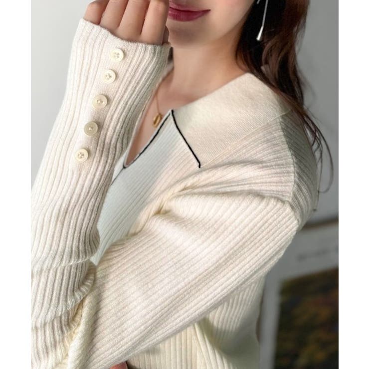 首元の抜けで細見え。インナーにも使える万能トップス♪配色ラインデザイン衿付きリブ… | Classical Elf  | 詳細画像9 