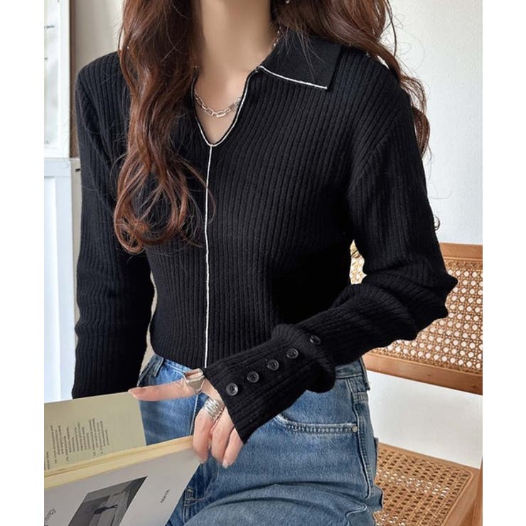 首元の抜けで細見え。インナーにも使える万能トップス♪配色ラインデザイン衿付きリブ… | Classical Elf  | 詳細画像11 