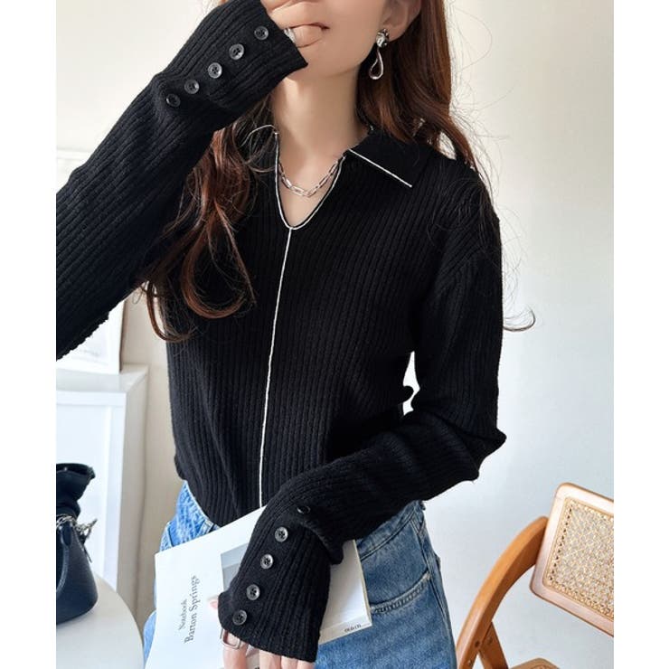 首元の抜けで細見え。インナーにも使える万能トップス♪配色ラインデザイン衿付きリブ… | Classical Elf  | 詳細画像12 