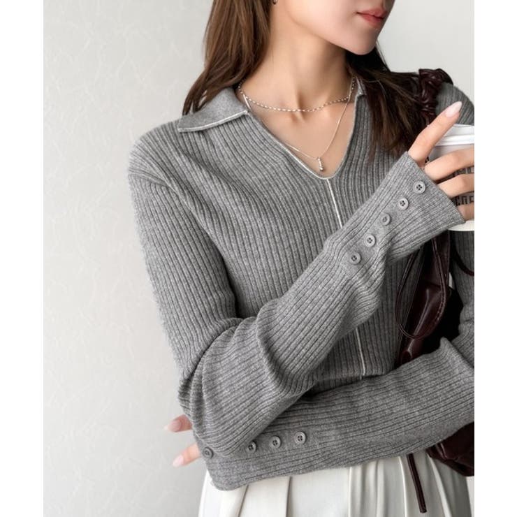 首元の抜けで細見え。インナーにも使える万能トップス♪配色ラインデザイン衿付きリブ… | Classical Elf  | 詳細画像20 