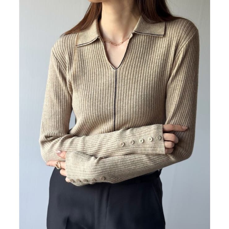 首元の抜けで細見え。インナーにも使える万能トップス♪配色ラインデザイン衿付きリブ… | Classical Elf  | 詳細画像25 