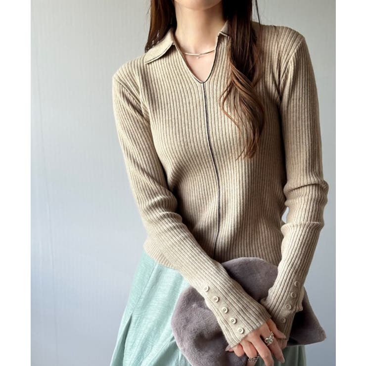 首元の抜けで細見え。インナーにも使える万能トップス♪配色ラインデザイン衿付きリブ… | Classical Elf  | 詳細画像28 