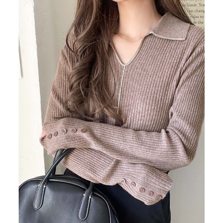 首元の抜けで細見え。インナーにも使える万能トップス♪配色ラインデザイン衿付きリブ… | Classical Elf  | 詳細画像29 