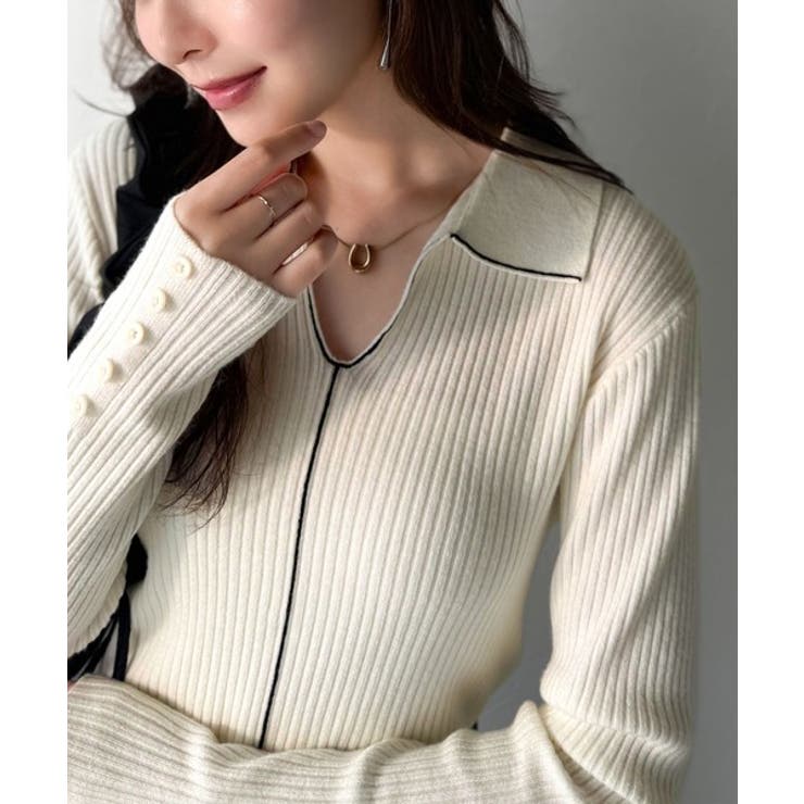 首元の抜けで細見え。インナーにも使える万能トップス♪配色ラインデザイン衿付きリブ… | Classical Elf  | 詳細画像1 