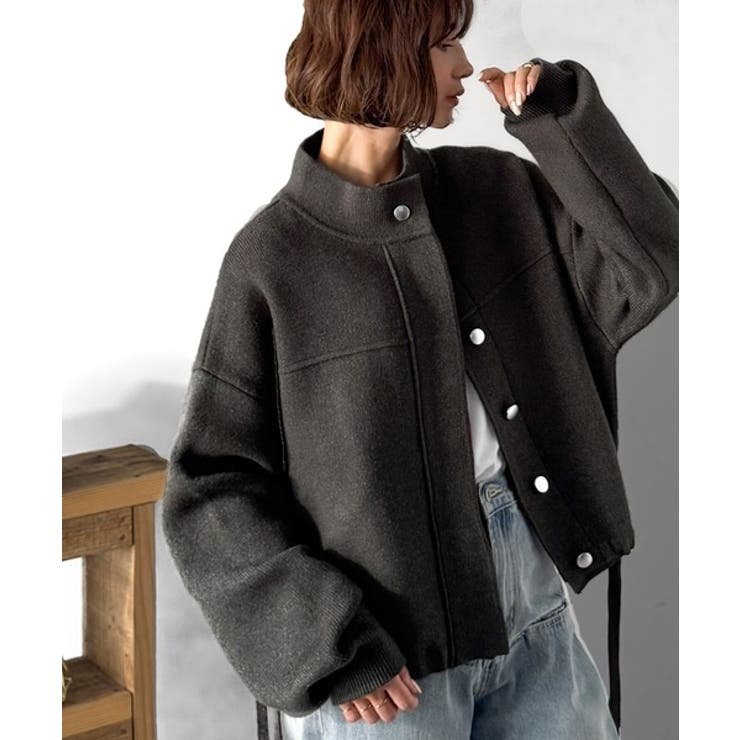 チャコール | シンプルで洗練されたデザインが魅力！サイドドロスト比翼ニットブルゾン | Classical Elf 