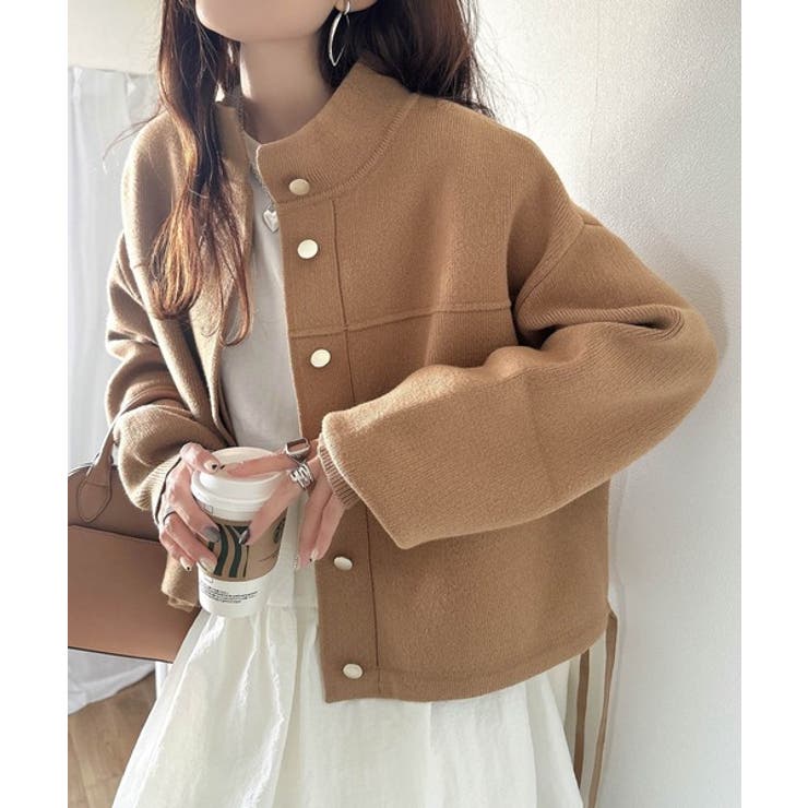 シンプルで洗練されたデザインが魅力！サイドドロスト比翼ニットブルゾン | Classical Elf  | 詳細画像33 