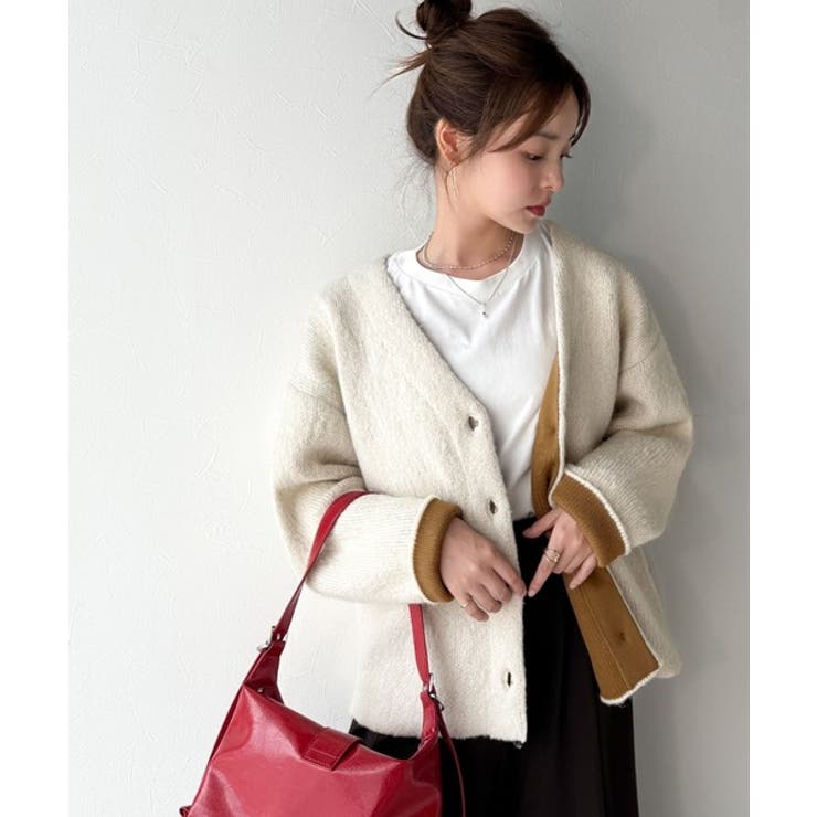 袖先から薫る。こなれ感たっぷりのこっくり配色。Wフェイス裏配色Vネックカーディガ… | Classical Elf  | 詳細画像2 