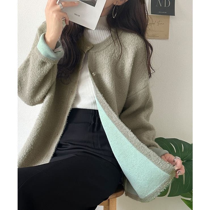 グレージュ | 絶妙な配色がお洒落心をくすぐる！ダブルフェイスフェザーカーディガン | Classical Elf 